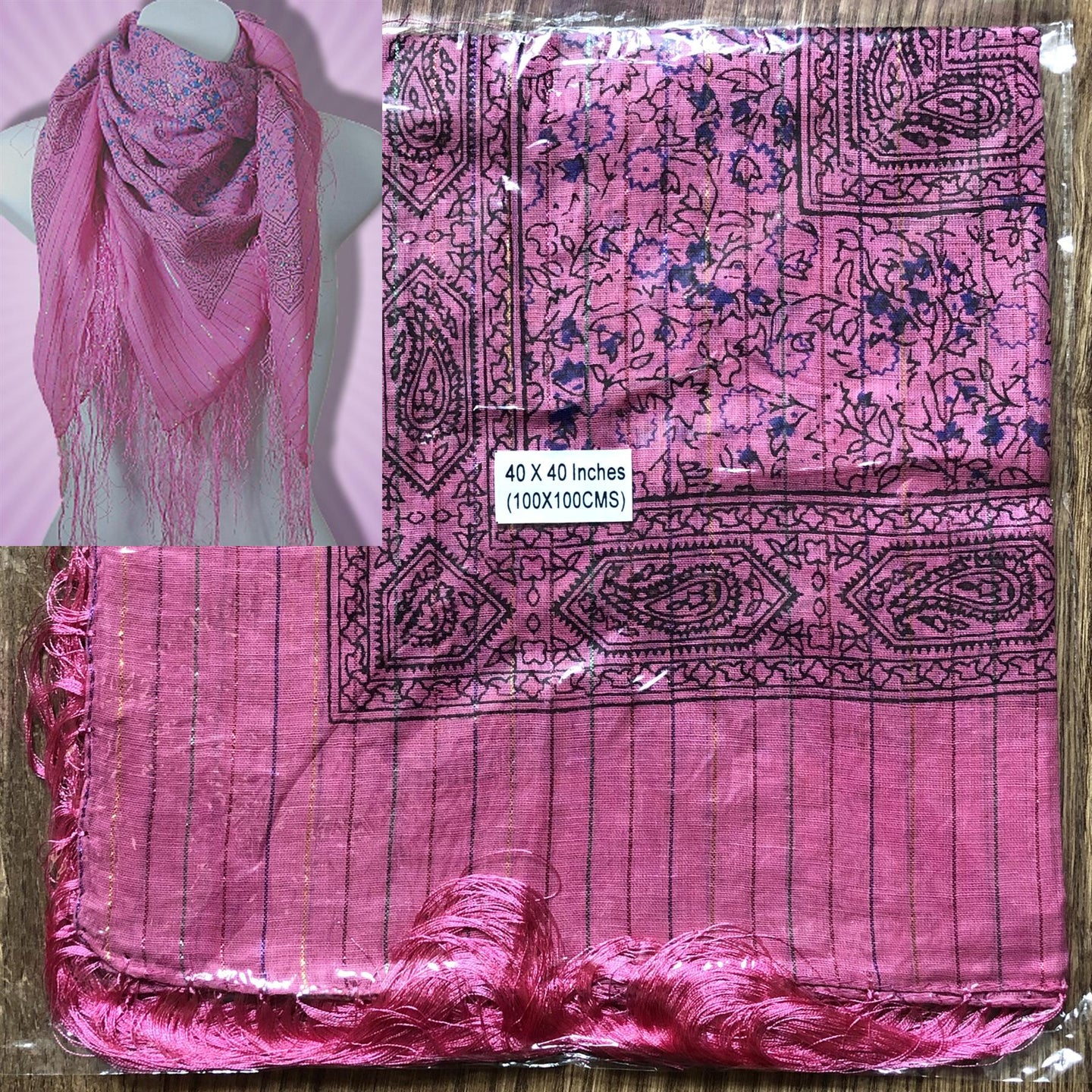 Cotton Dollar Print Scarf Shawl with Lurex and Fringe – Pink