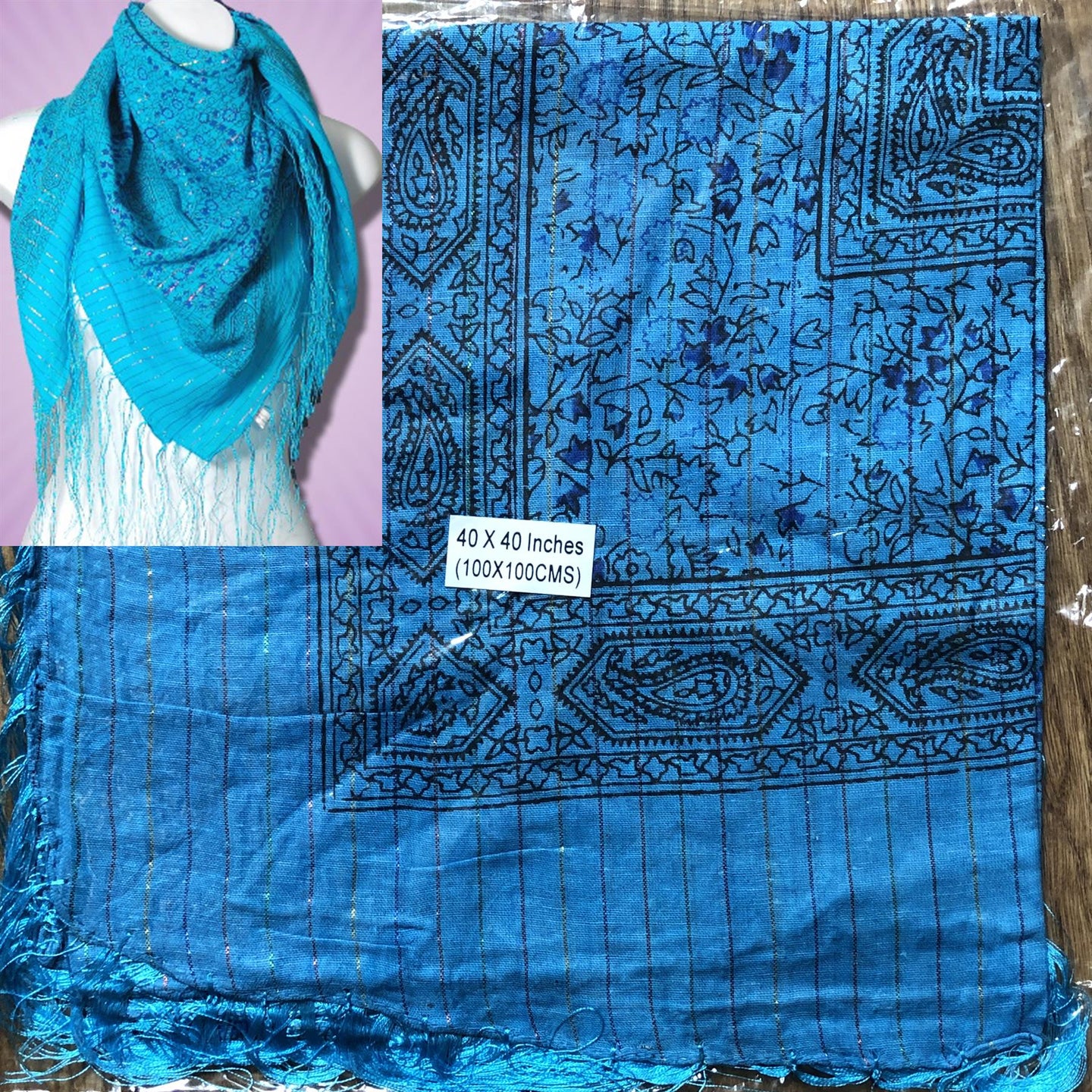 Cotton Dollar Print Scarf Shawl with Lurex and Fringe – Turquoise