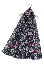 Load image into Gallery viewer, Cute Skull &amp; Rose Print Frayed Scarf - BLACK
