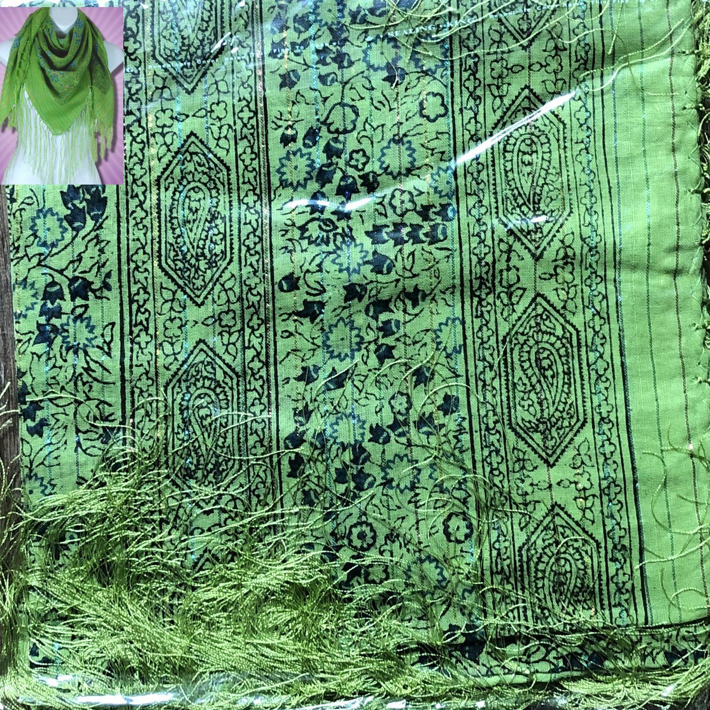 Cotton Dollar Print Scarf Shawl with Lurex and Fringe – Green