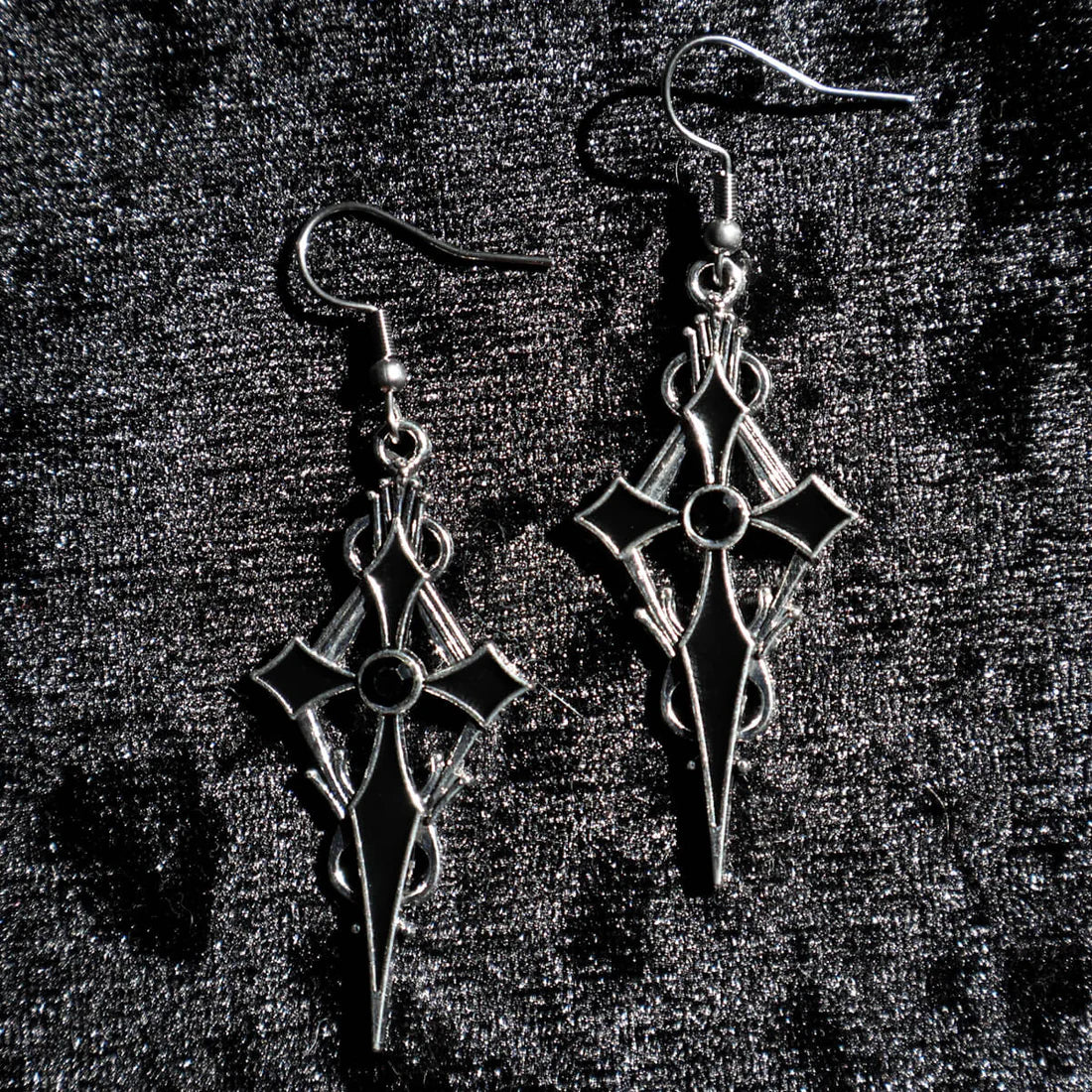 GOTHIC CROSS & BLACK GEM EARRINGS