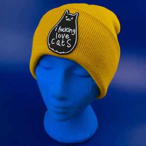 I FUCKING LOVE CATS PATCH MUSTARD BEANIE