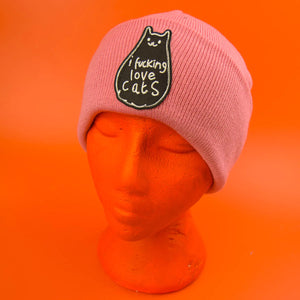 I FUCKING LOVE CATS PATCH PINK BEANIE