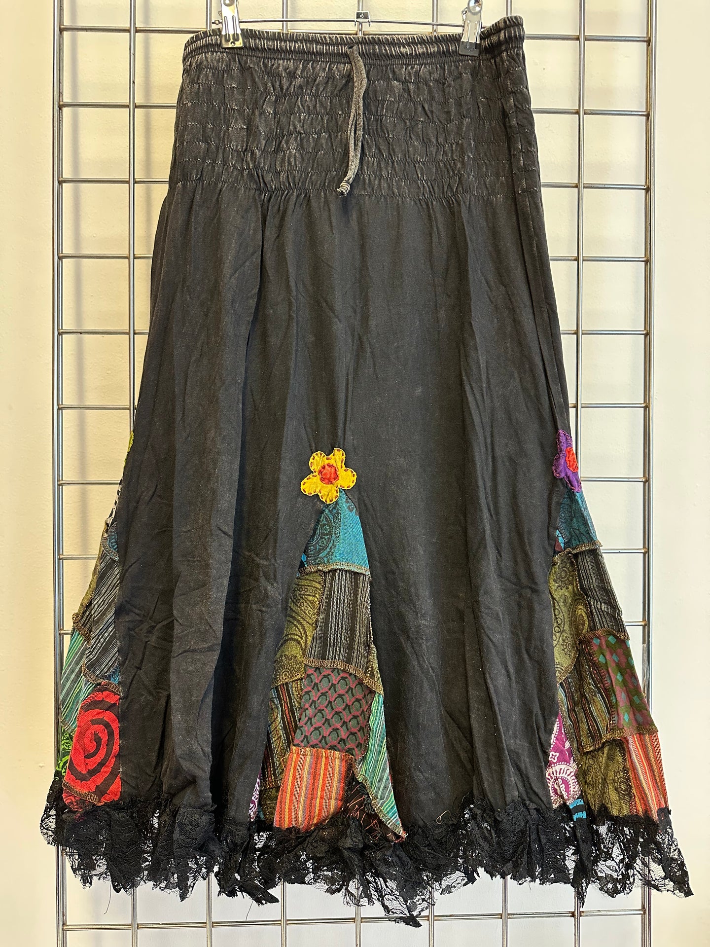 Boho Style Black Skirt with Patchwork & Lace