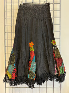 Boho Style Black Skirt with Patchwork & Lace