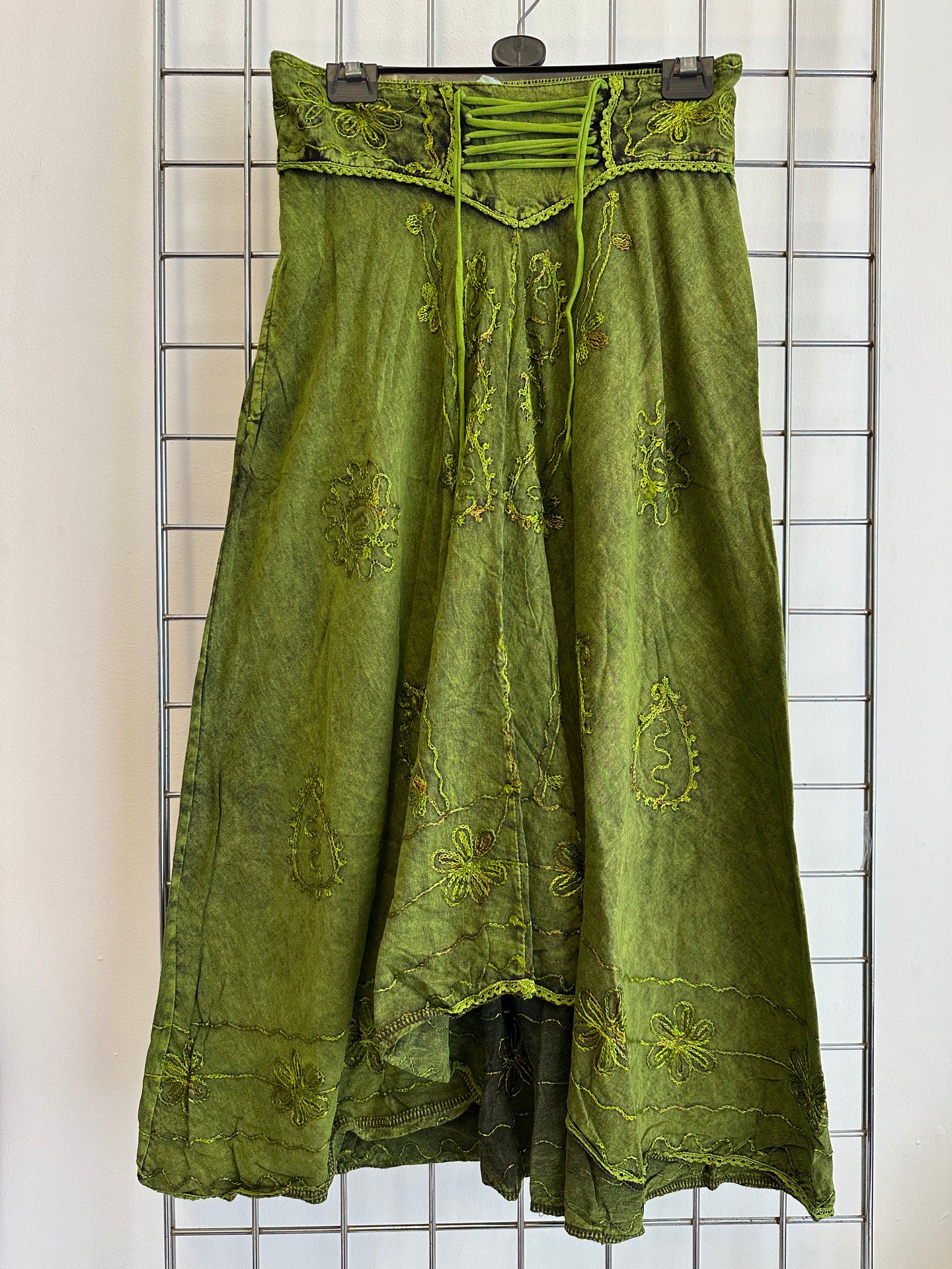 Acid Wash Long Embroidered Skirt – Green