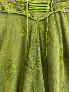Acid Wash Long Embroidered Skirt – Green