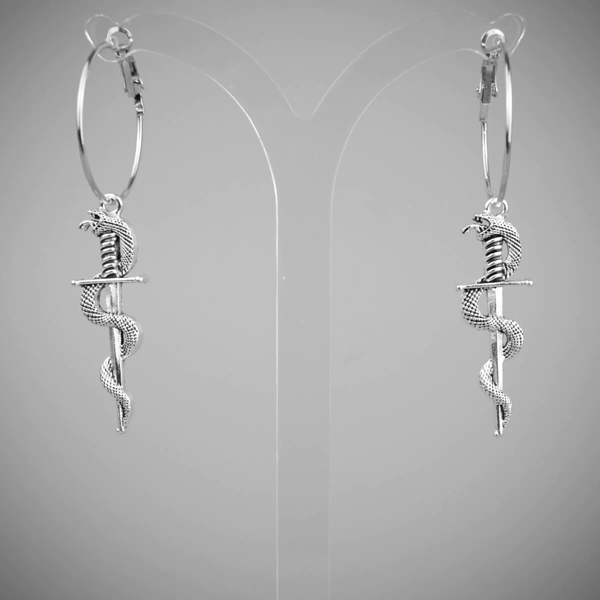 SNAKE ON A SWORD HOOP EARRINGS