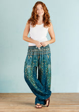 Load image into Gallery viewer, Sea Green Peacock Print Harem Trouser with Drawstring Waist - Free size
