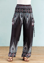Load image into Gallery viewer, Black Peacock Print Trouser With 2 Tie Pockets - Free size
