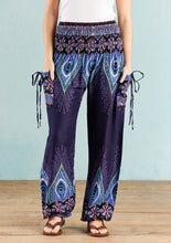 Load image into Gallery viewer, Navy Peacock Print Trouser With 2 Tie Pockets - Free size
