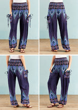 Load image into Gallery viewer, Navy Peacock Print Trouser With 2 Tie Pockets - Free size
