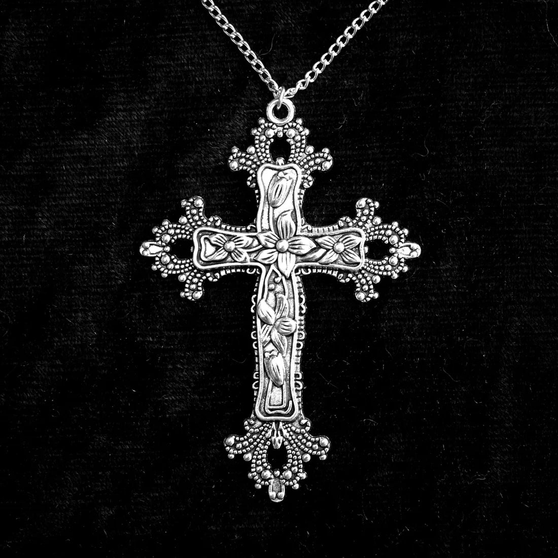 LARGE FLORAL CROSS NECKLACE