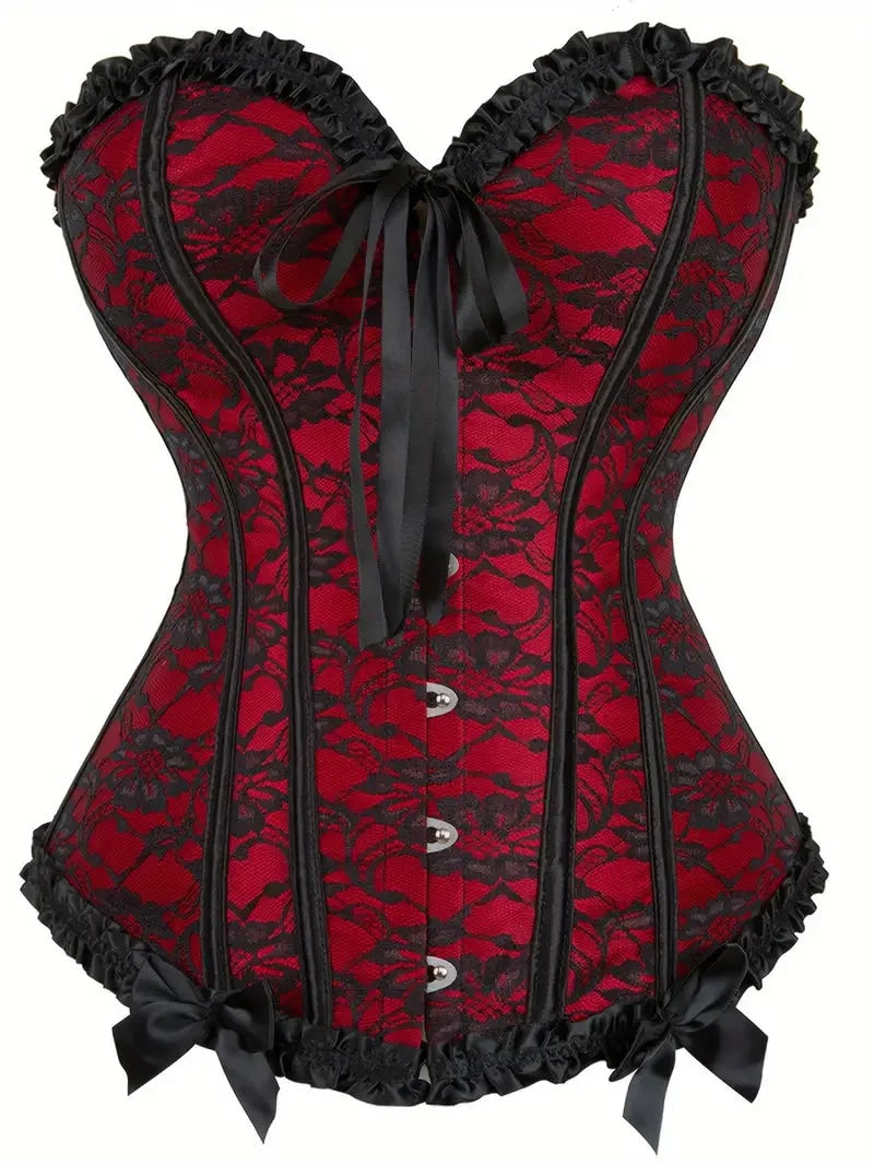 Classic Floral Print Bustier Two Tone Corset – Red