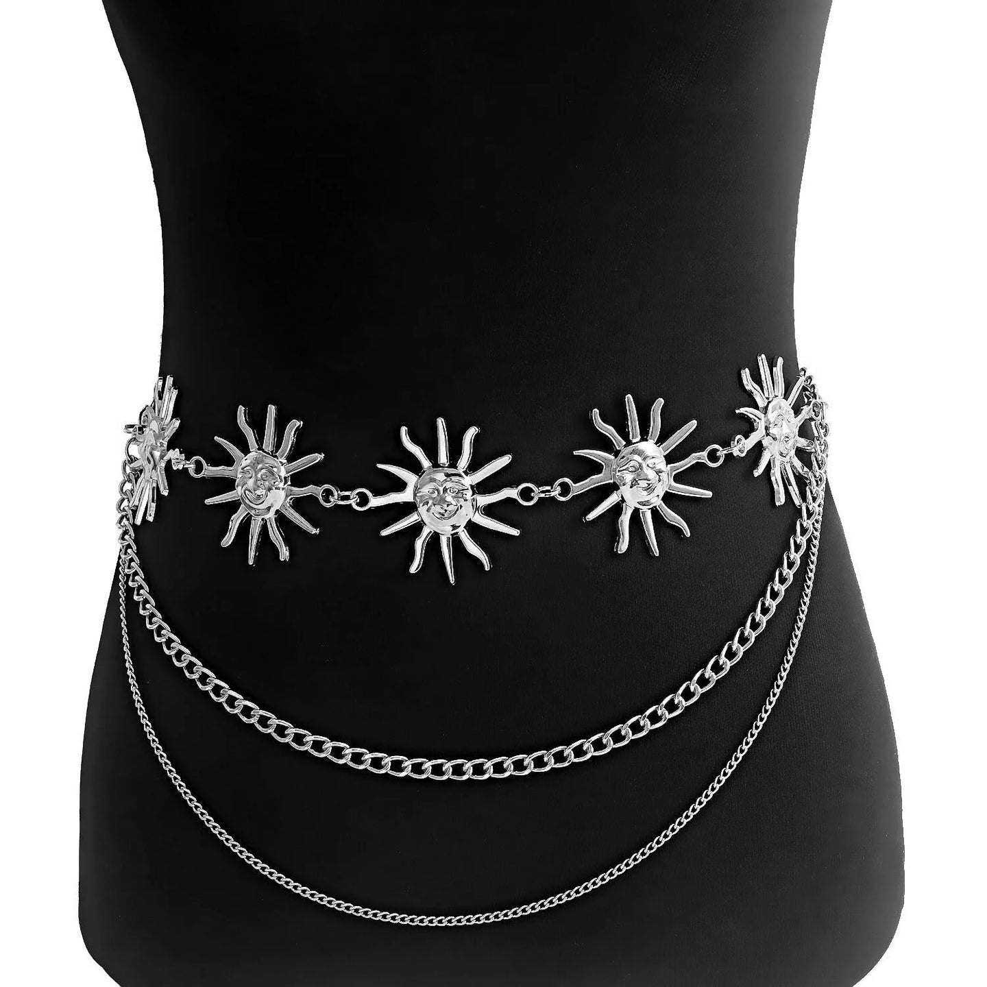 Metal Silver Sun Charm Triple Chain Belt1