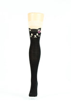 Load image into Gallery viewer, BLACK AND CREAM CAT FACE WITH PINK RIBBON OVER-THE-KNEE SOCKS
