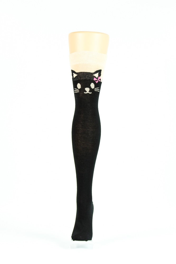 BLACK AND CREAM CAT FACE WITH PINK RIBBON OVER-THE-KNEE SOCKS