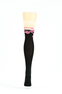 BLACK AND CREAM CAT FACE WITH PINK RIBBON OVER-THE-KNEE SOCKS