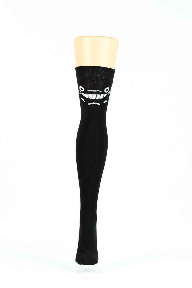 BLACK WITH WHITE TOTORRO FACE OVER-THE-KNEE SOCKS