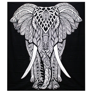 B&W Double Cotton Bedspread + Wall Hanging - Elephant