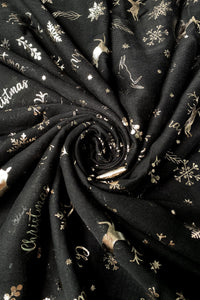 Metallic Foil Snowflake & Reindeer Christmas Scarf – BLACK