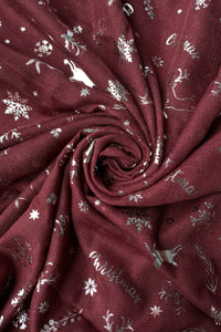 Metallic Foil Snowflake & Reindeer Christmas Scarf - WINE