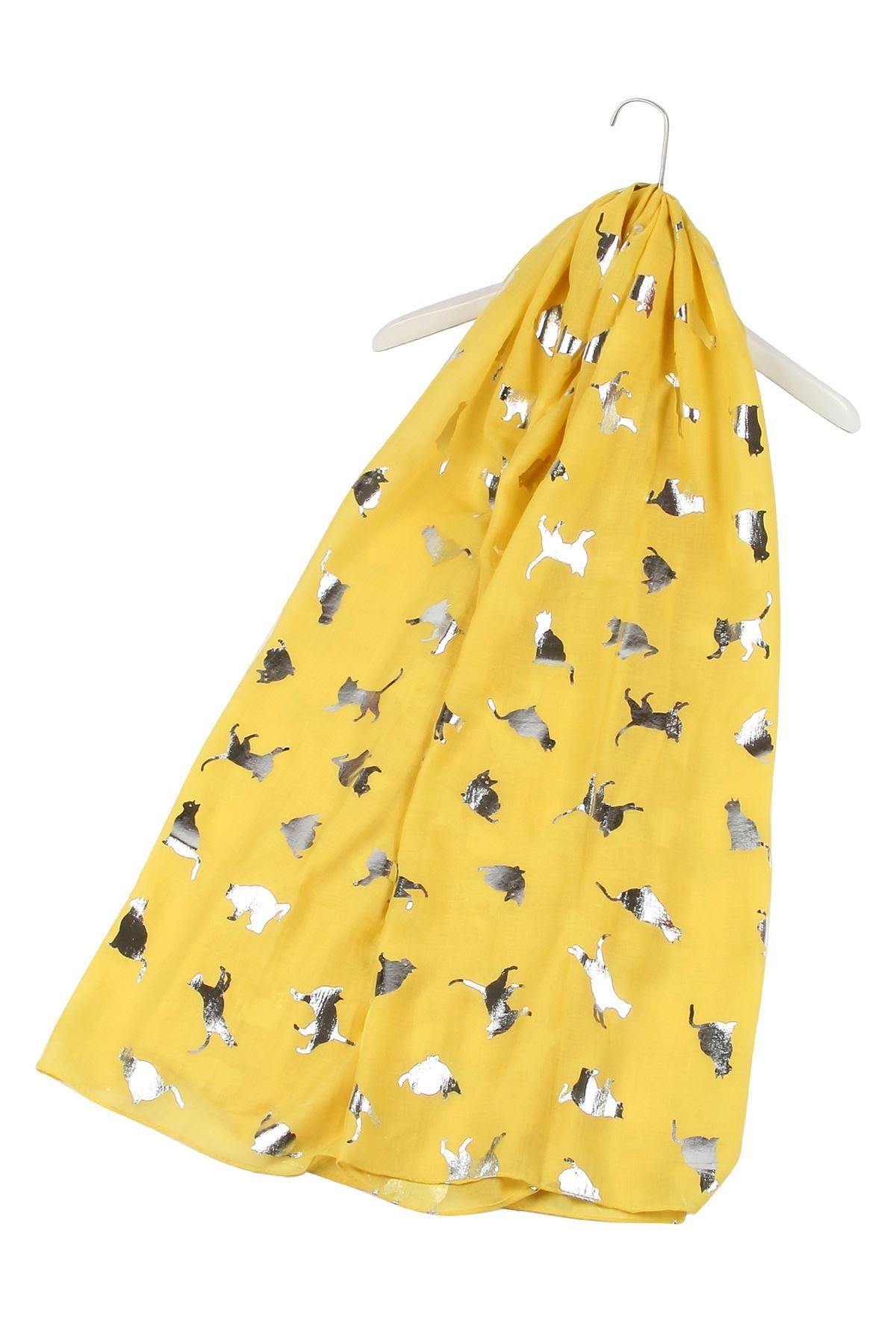 Silver Foiled Cat Print Frayed Scarf - YELLOW