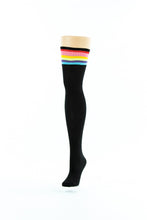 Load image into Gallery viewer, BLACK, MULTI COLOURED LINES OVER-THE-KNEE SOCKS
