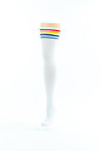 Load image into Gallery viewer, WHITE, MULTI COLOURED LINES OVER-THE-KNEE SOCKS
