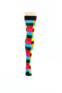 BLACK WITH COLOURED PATTERN OVER-THE-KNEE SOCKS