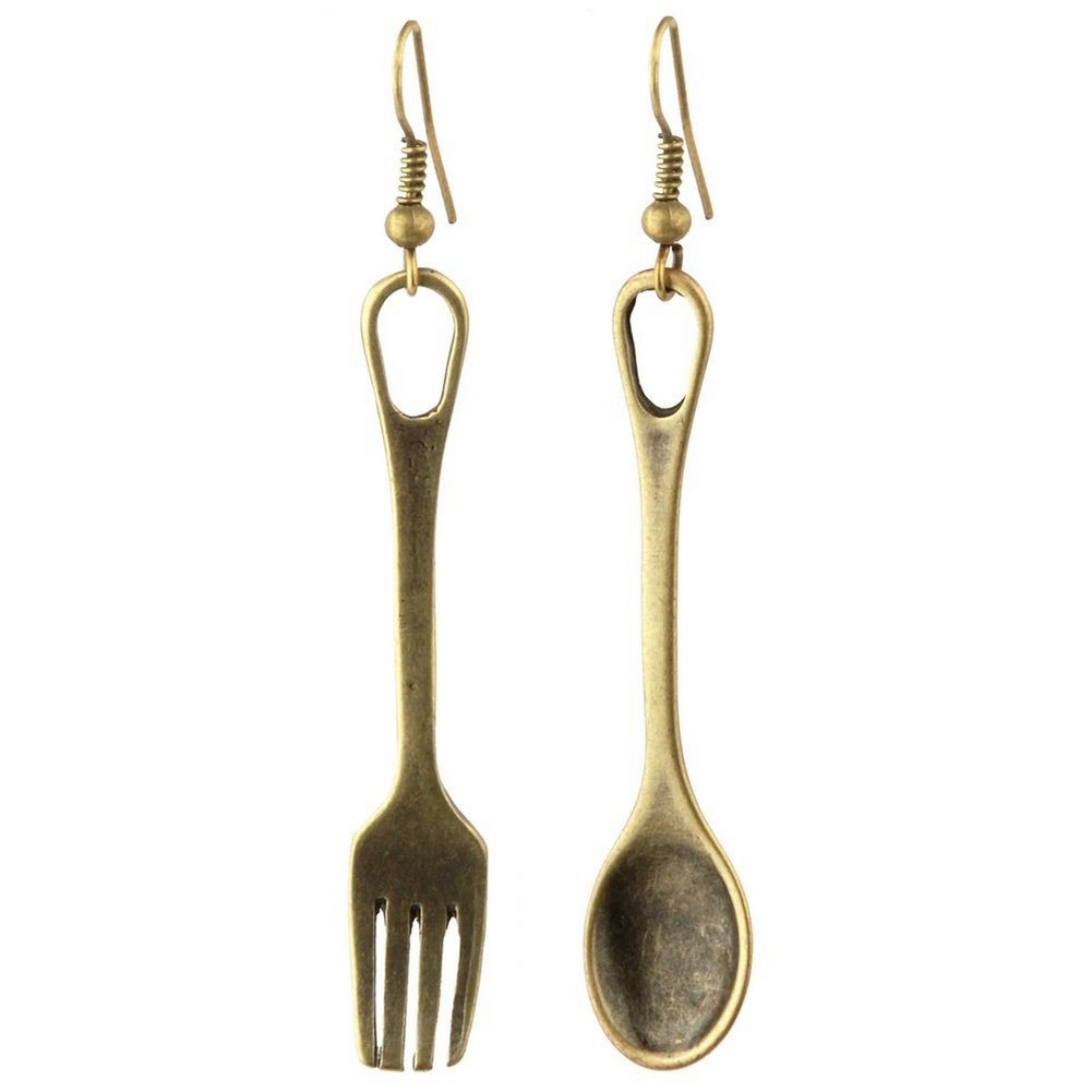Fork and Spoon Drop Earrings - Brass Colour