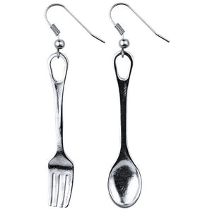 Fork and Spoon Drop Earrings - Silver Colour