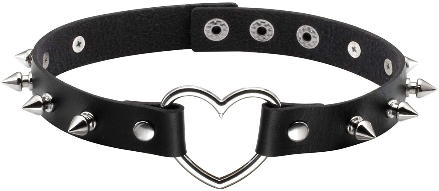 1 Row Spike Studded Heart Leather Choker/Neckband - Black