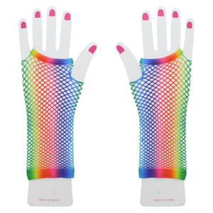Long Rainbow Stripe Fishnet Gloves