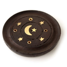 Load image into Gallery viewer, Mango Wood Moon and Stars Round Black Ash Catcher Incense Burner
