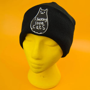 I FUCKING LOVE CATS PATCH BLACK BEANIE