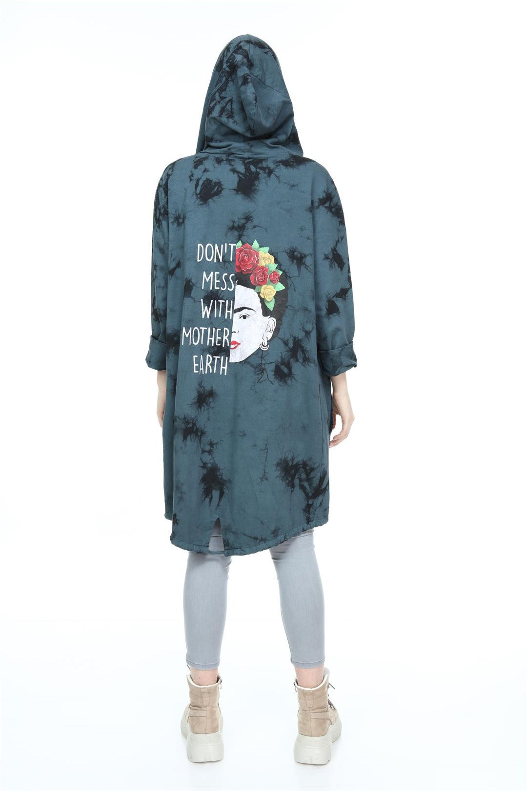 Green Long Tie Die Frida Kahlo Print Cotton Cardigan with Hood
