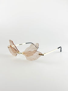 Rimless Dragonfly Lenses Sunglasses In Light Brown With Gold Temples