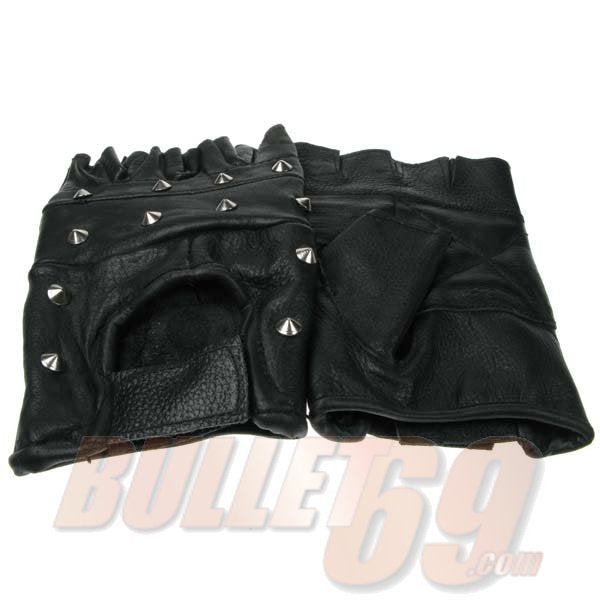 Conical Studded Leather Biker Fingerless Gloves