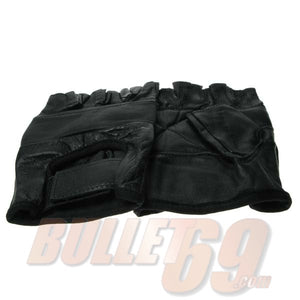 Plain Black Leather Biker Fingerless Gloves