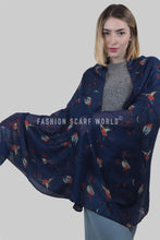 Load image into Gallery viewer, Robin Bird &amp; Berry Branch Print Scarf – NAVY BLUE
