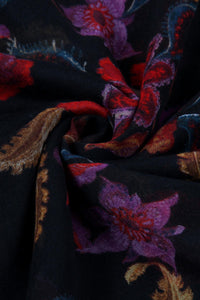 Oriental Floral Print Frayed Scarf - BLACK