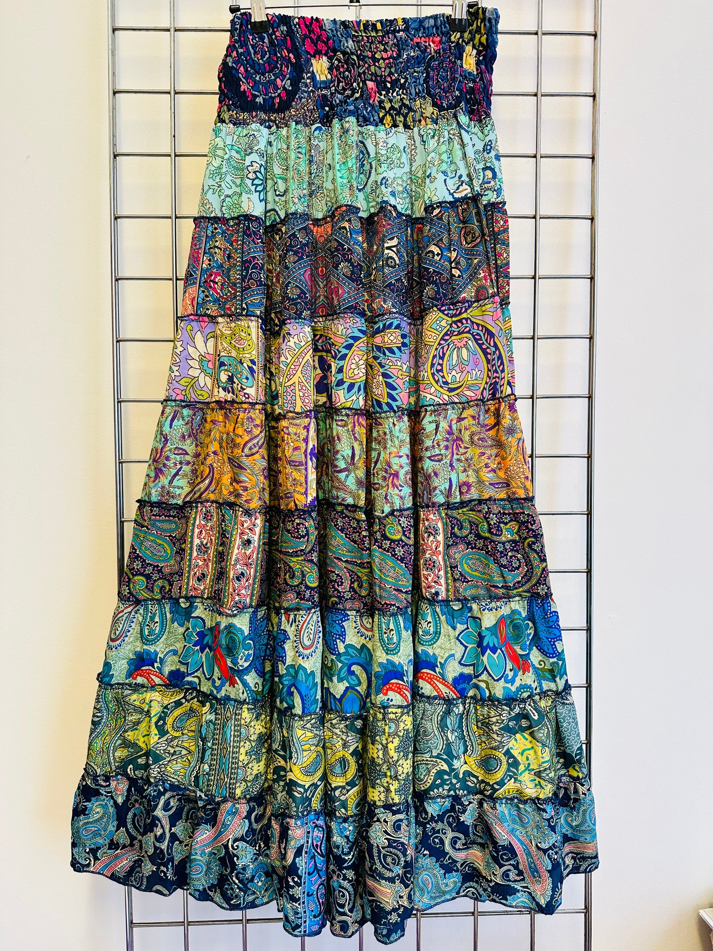 Long Paisley Silk Patchwork Skirt - BLUE