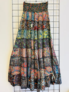 Long Paisley Silk Patchwork Skirt - BLACK