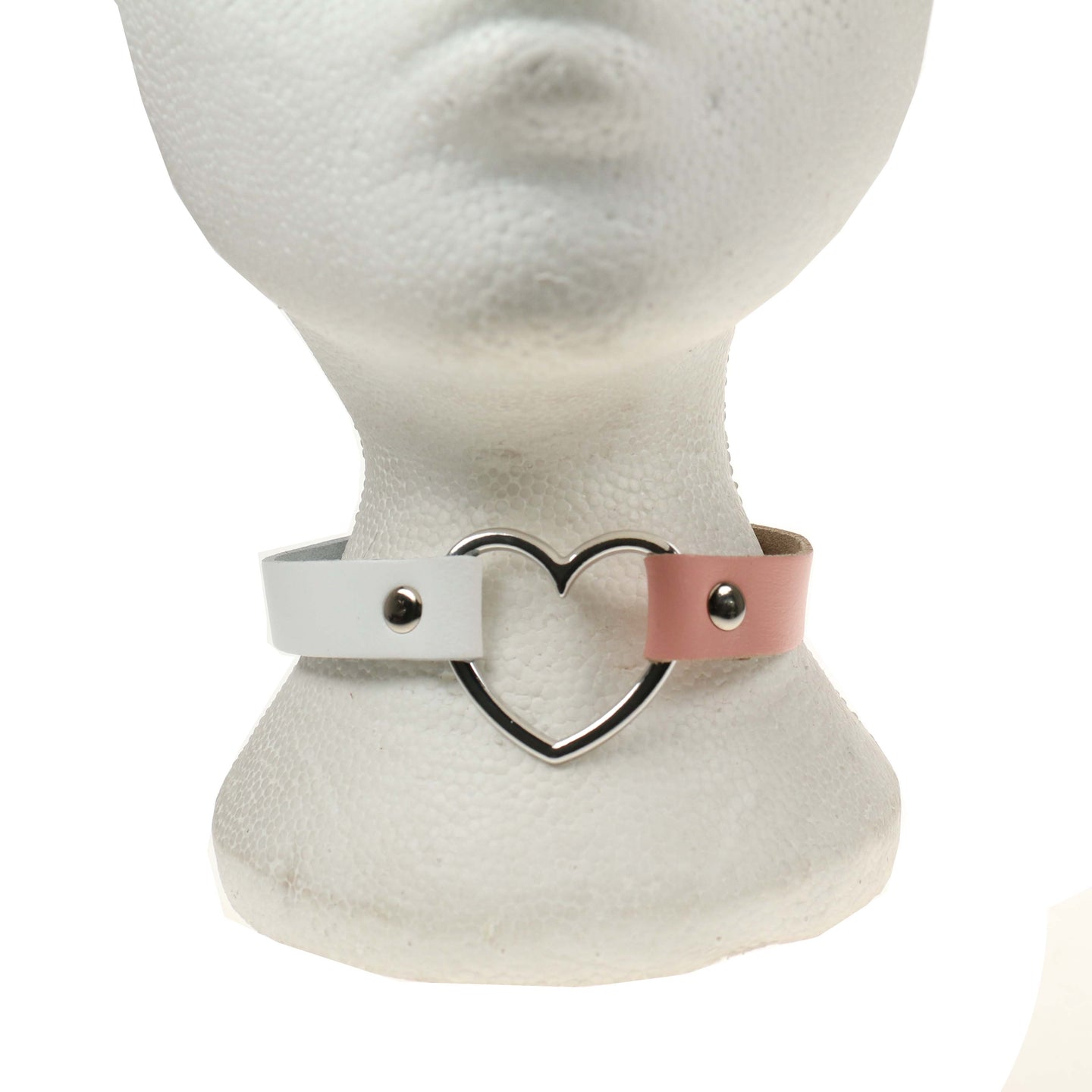 1 Row Heart Leather Choker/Neckband – White & Baby Pink