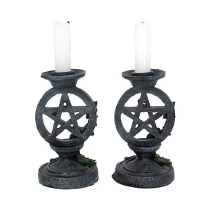 Pair of Aged Ivy Pentagram Candlesticks Gothic Candle Holders