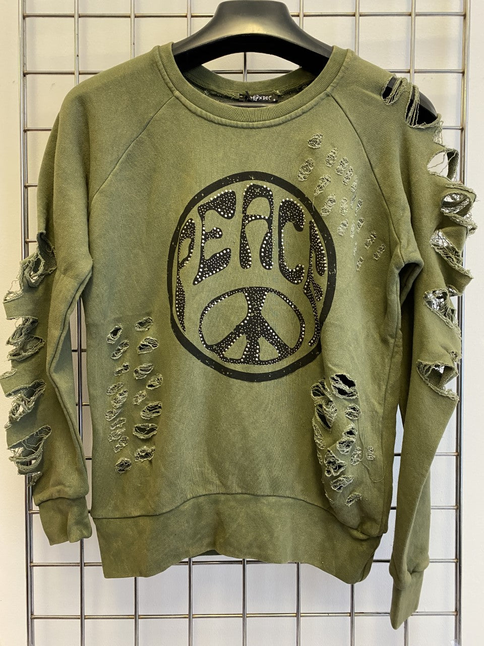 Stone Washed Ripped Sleeve Peace Graphic Cotton Women Sweatshirt