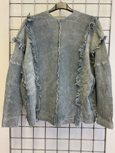 Load image into Gallery viewer, Grey Stonewash Knit Fringed Top

