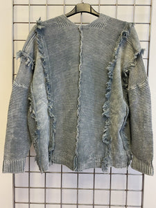 Grey Stonewash Knit Fringed Top